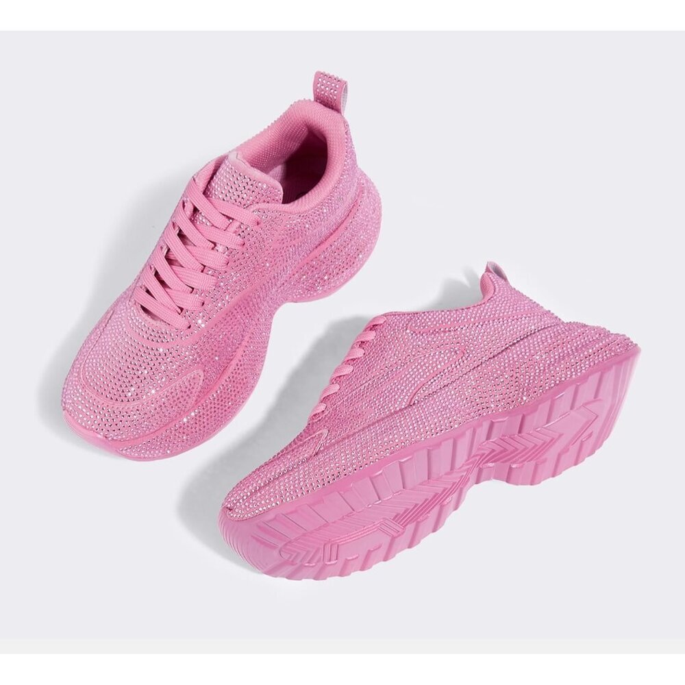 Women's Rhinestone Pink Chunky Sparkly Casual Shiny Sneakers Shoes Footwear - Picture 7 of 9